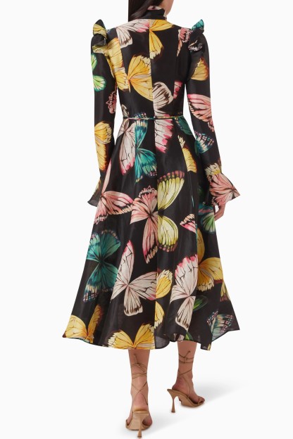 Butterfly Print Lantern Sleeve Midi Dress