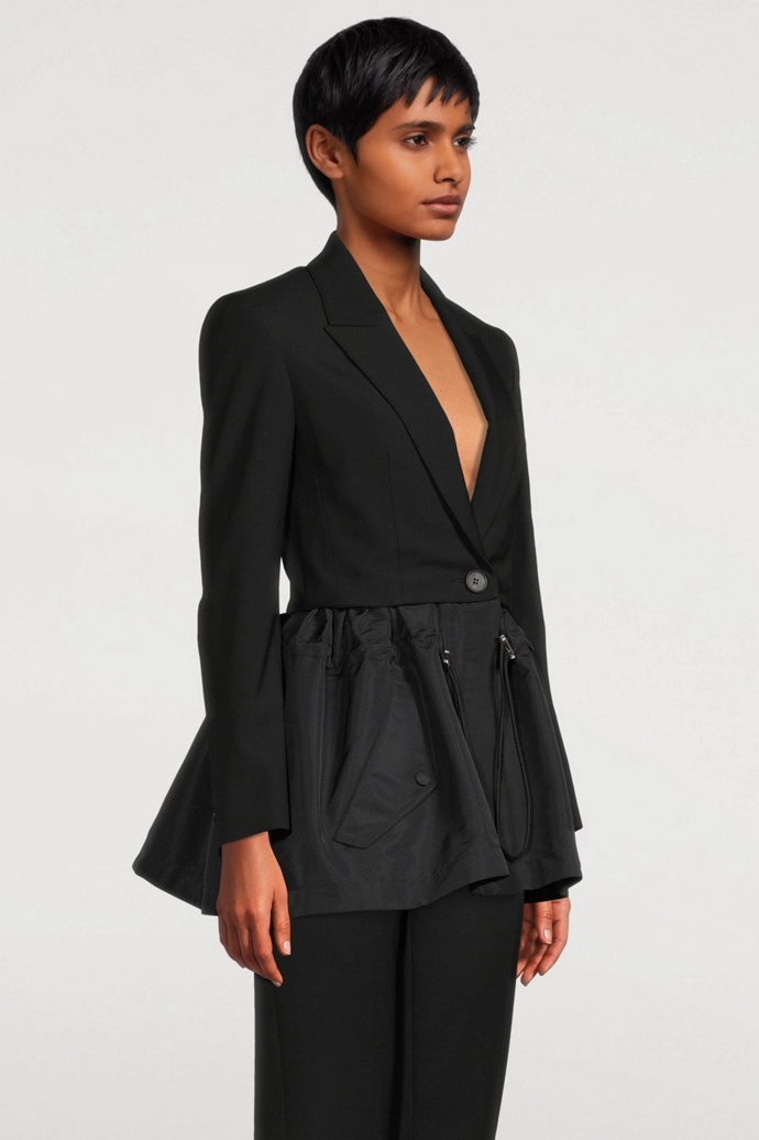 Drawstring Ruffle Hem Blazer Black