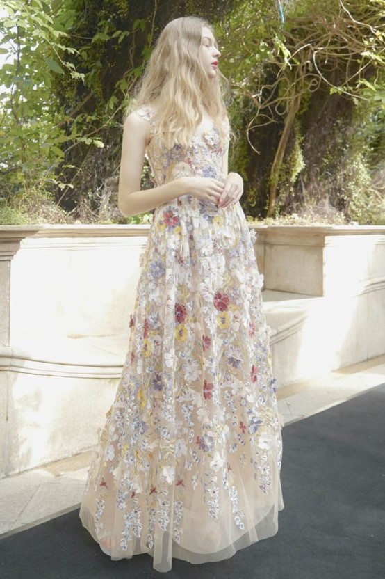 Embroidered Floral Sleeveless Maxi Dress
