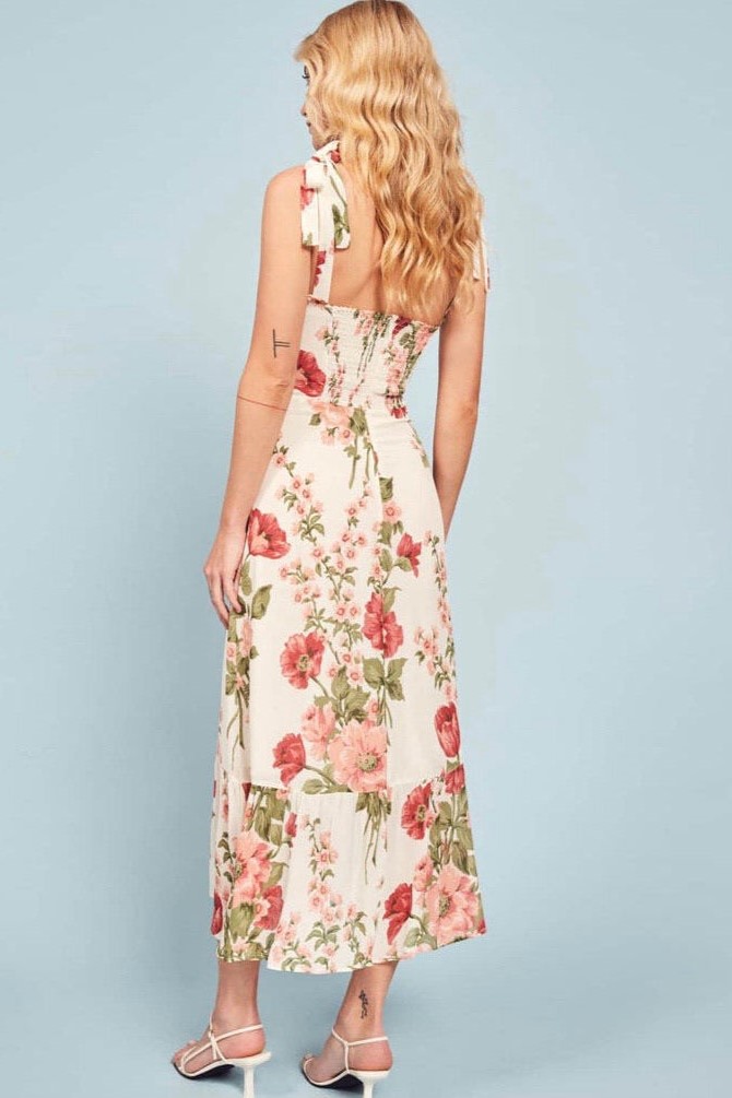 Floral Lace-Up Sweetheart Neckline Midi Dress