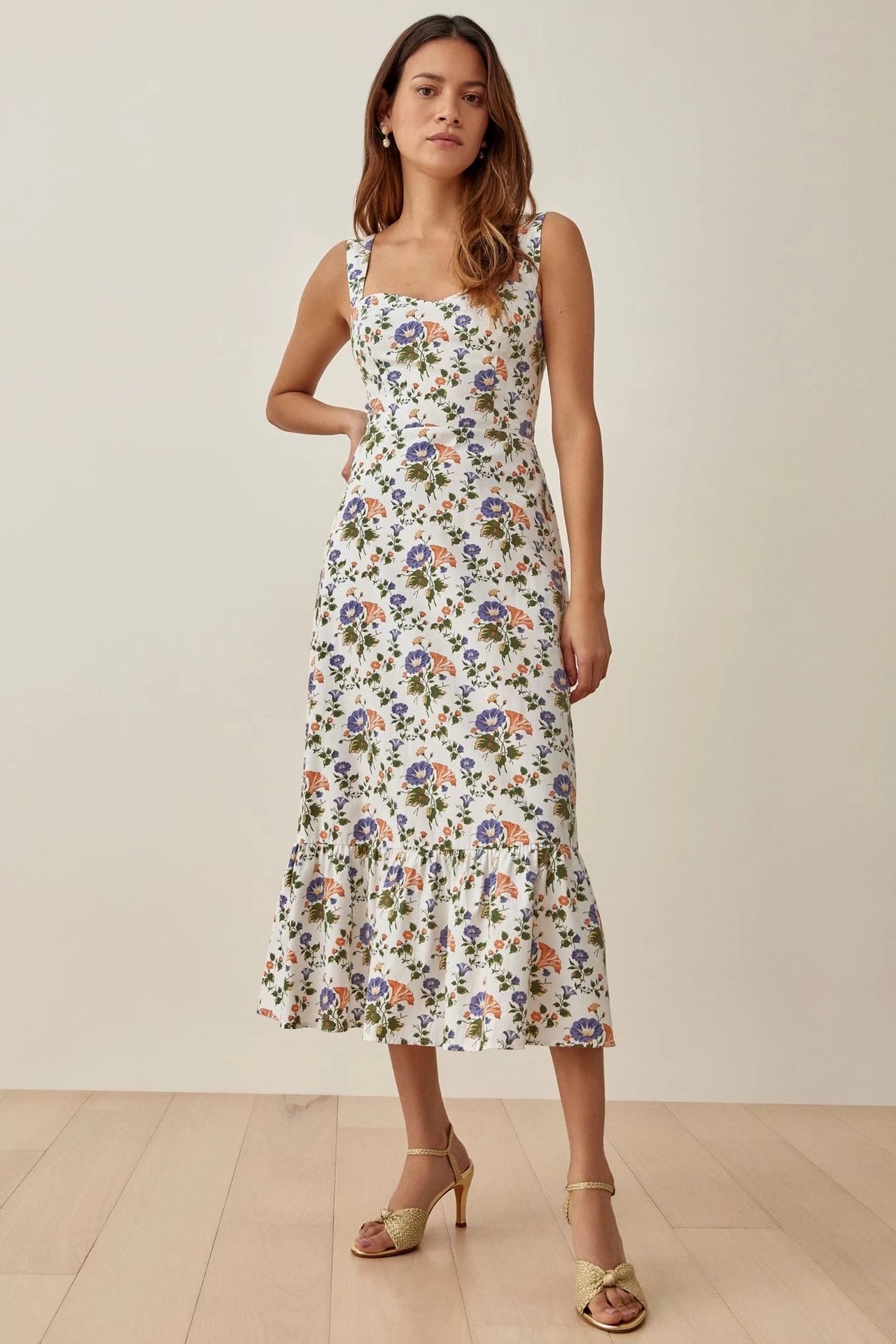 Floral Sweetheart Neckline Midi Dress