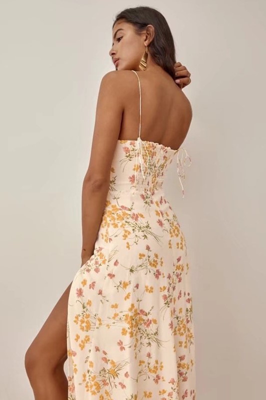 Floral Lace-Up Split Midi Dress