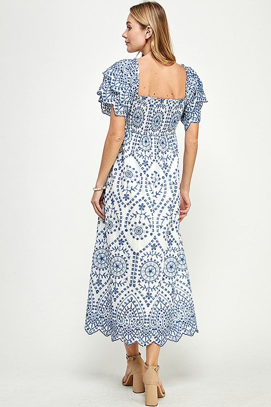 Paisley Print Lace Smocking Midi Dress