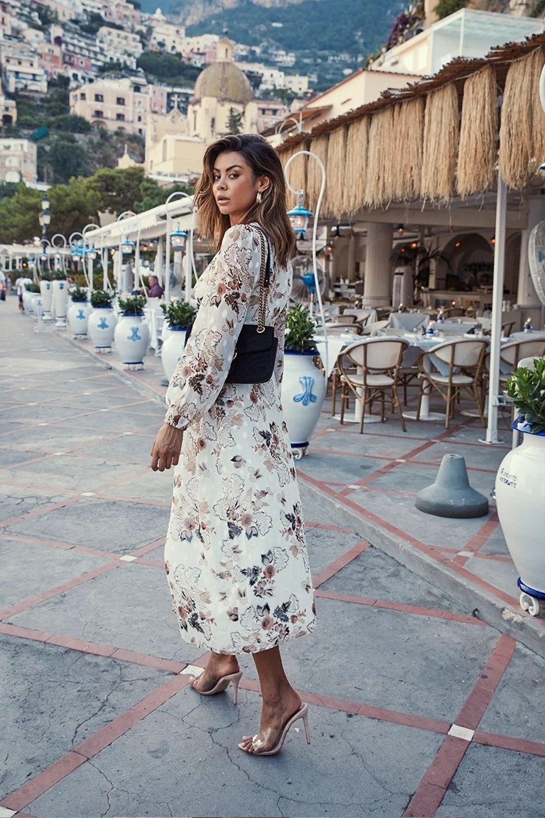 Floral Long Sleeve Lace-Up Midi Dress With Belt