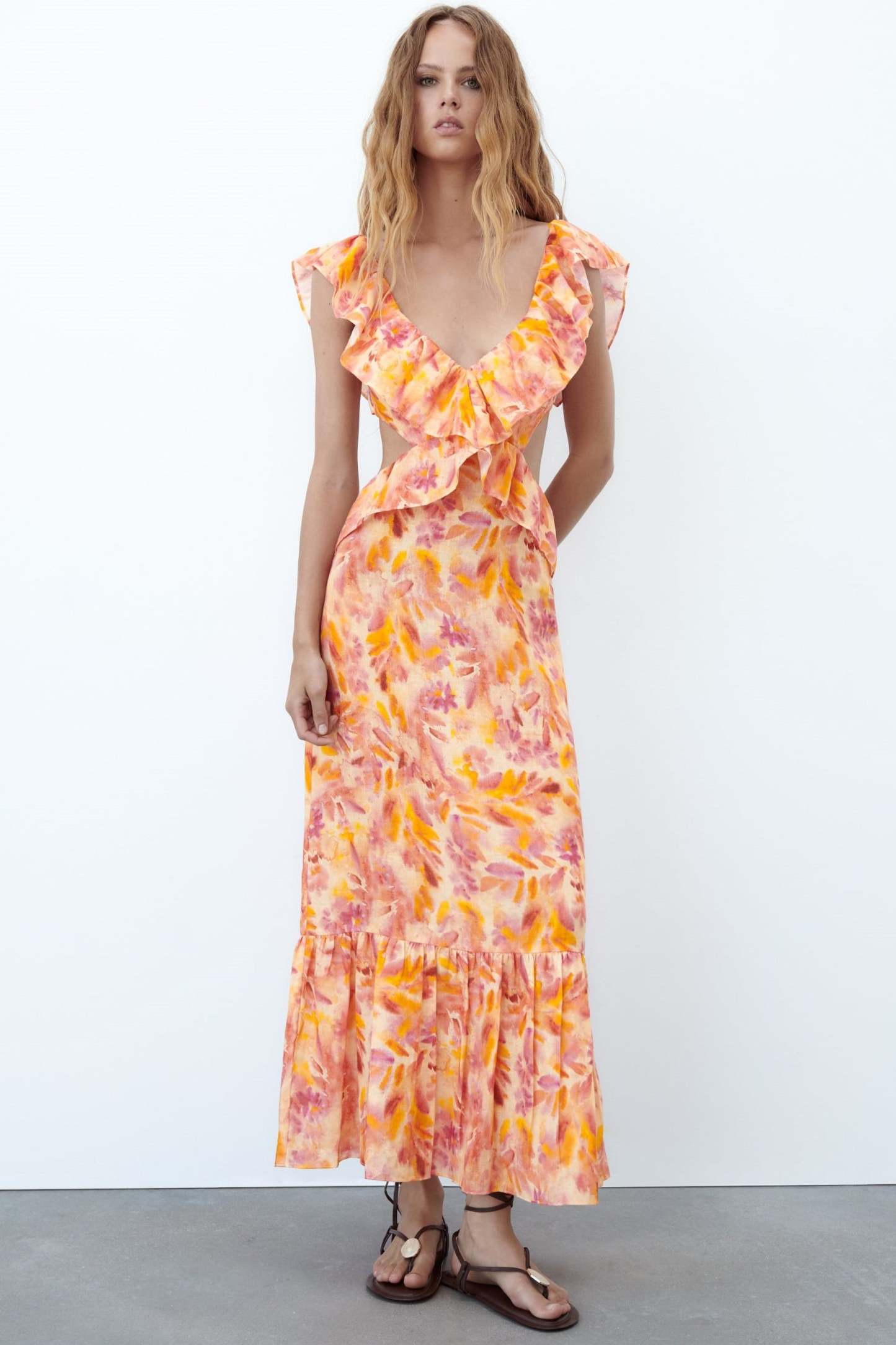 Abstract Print Cross Strap Ruffle Hem Midi Dress