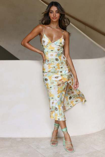 Printed V-Neck Slit Cami Midi Dress