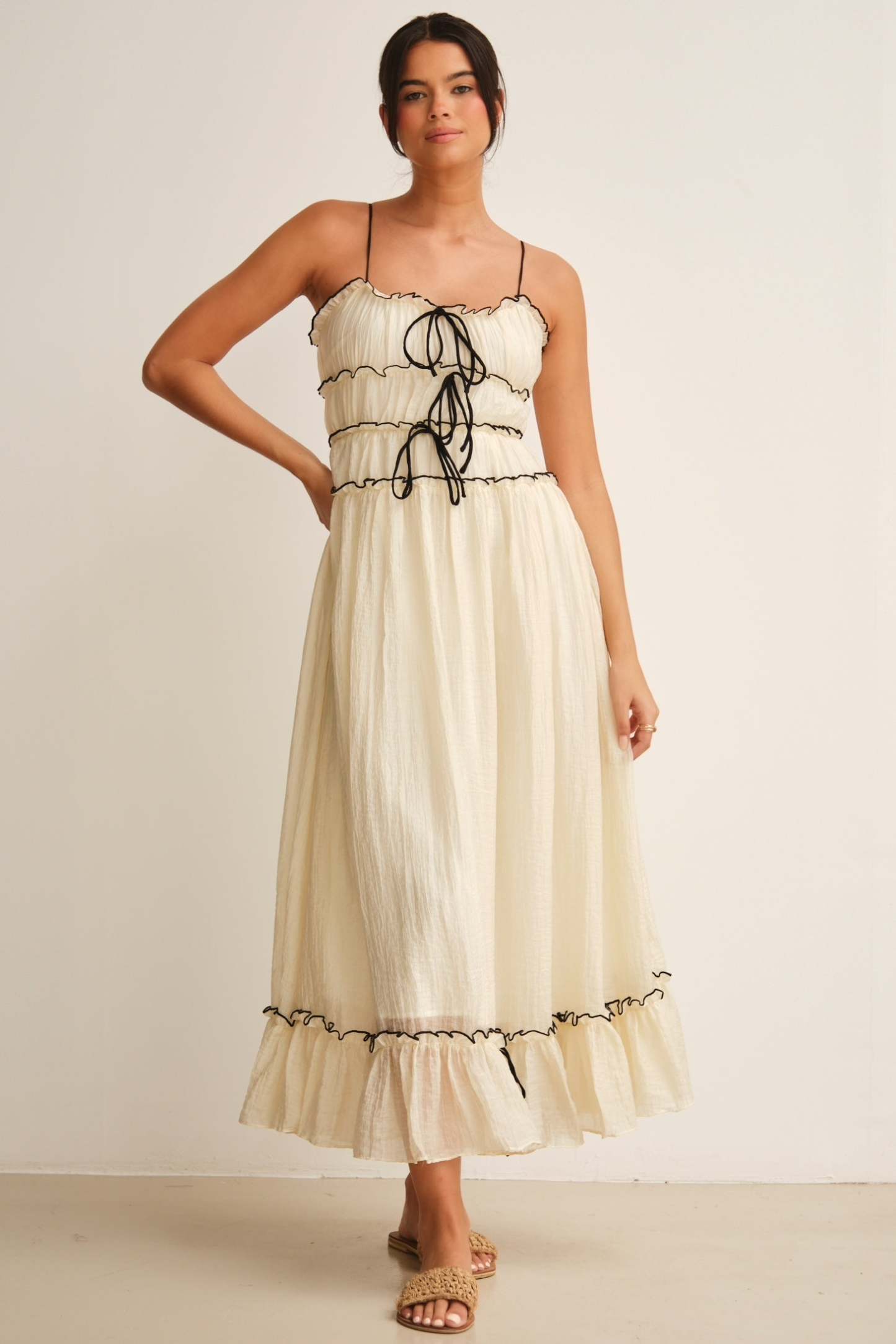 Frill Lace-Up Sleeveless Midi Dress