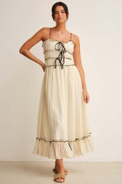 Frill Lace-Up Sleeveless Midi Dress