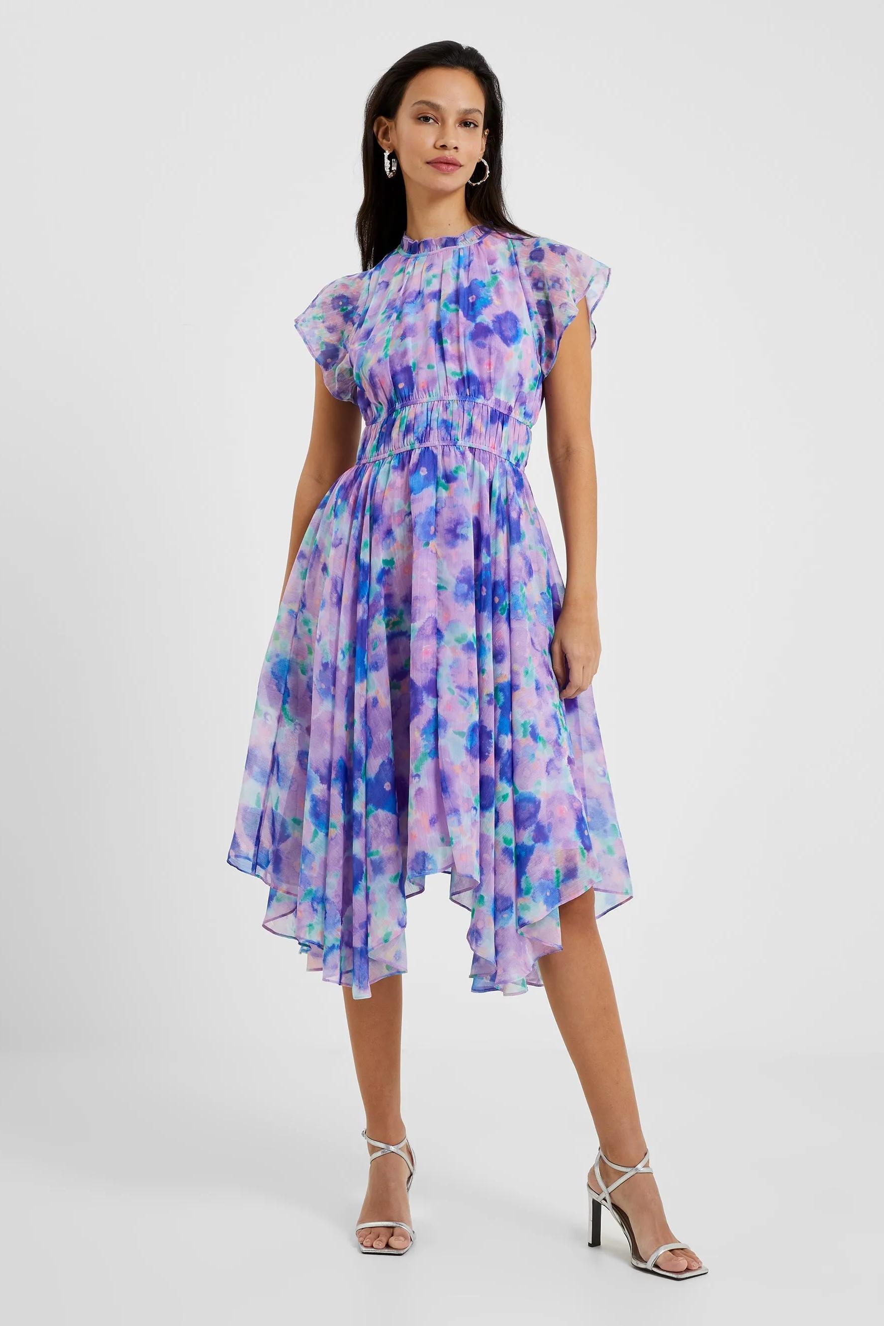 Printed Crew Collar Asymmetric Pleated Midi Dress