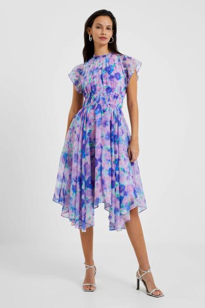 Printed Crew Collar Asymmetric Pleated Midi Dress