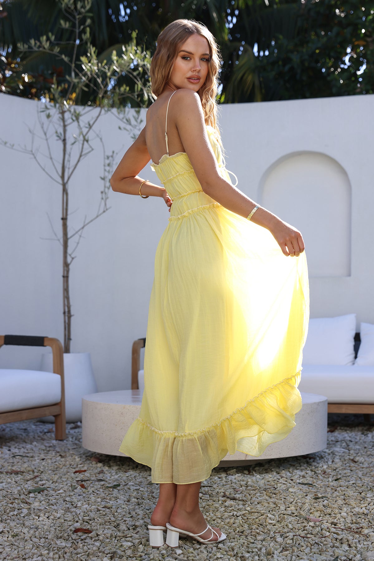 Frill Lace-Up Sleeveless Midi Dress