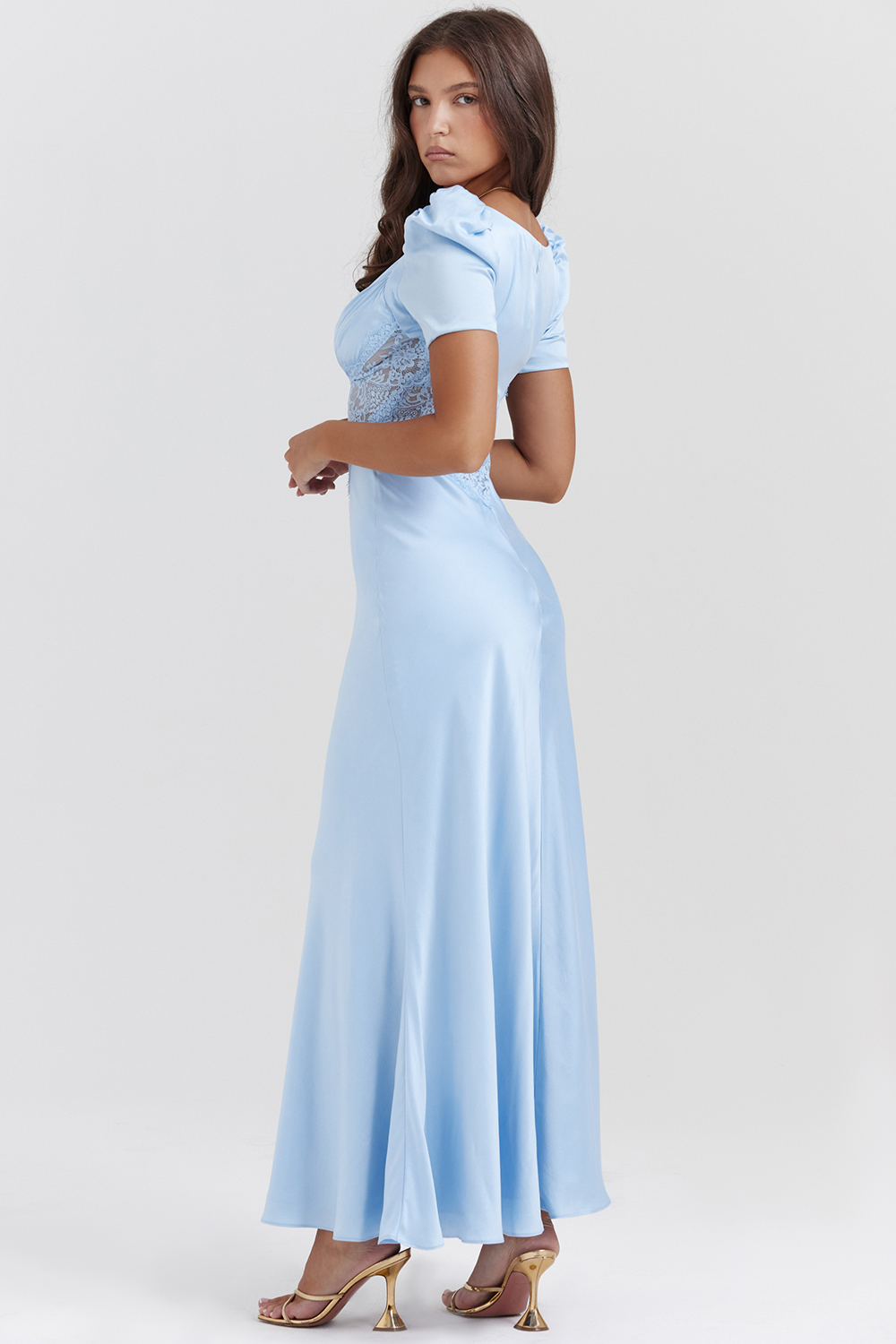 Satin Solid Lace V-Neck Midi Dress