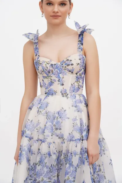 Floral Sweetheart Neck Frill Maxi Dress