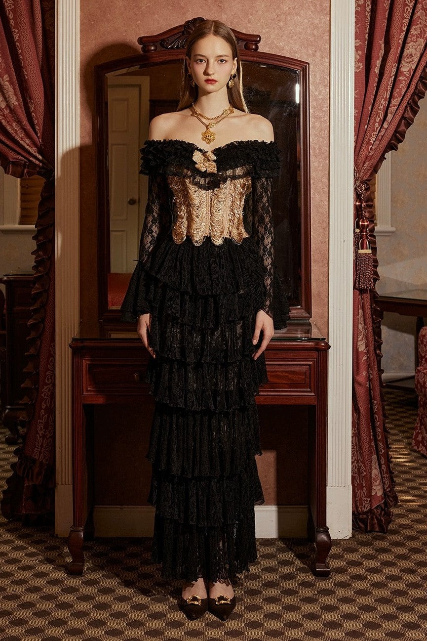 Lace Frill Long Sleeves Corset