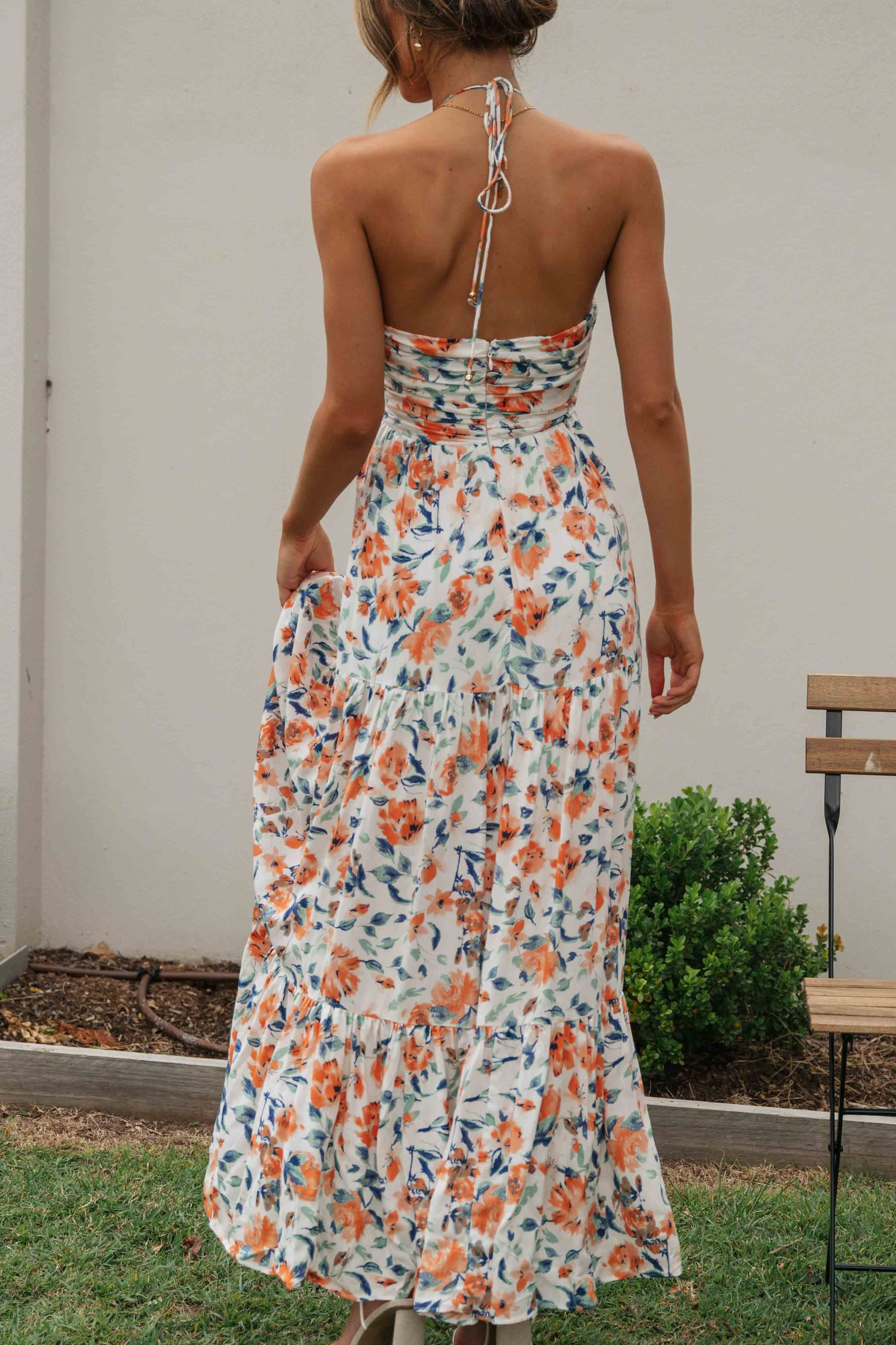 Floral V-Neck Backless Maxi Dress