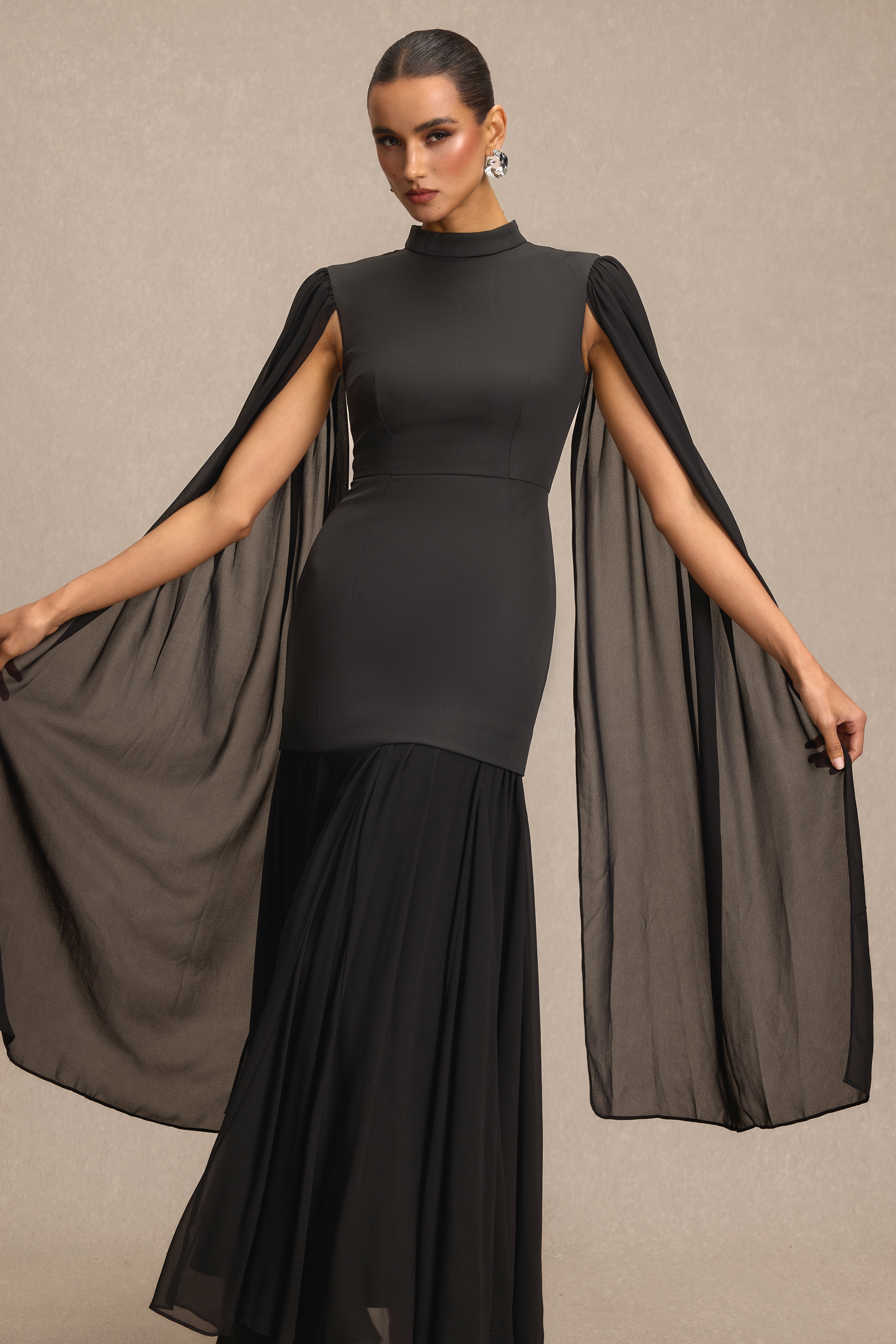 Solid High Neck Cape Sleeve Maxi Dress