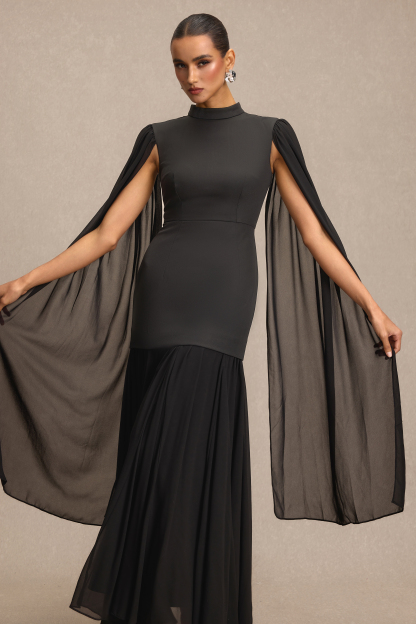 Solid High Neck Cape Sleeve Maxi Dress