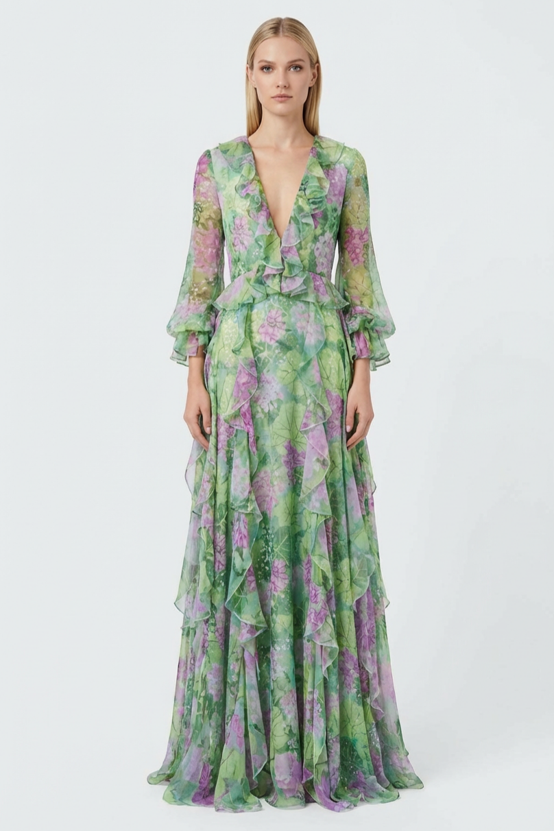 Floral V-Neck Ruffle Maxi Dress