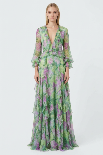 Floral V-Neck Ruffle Maxi Dress