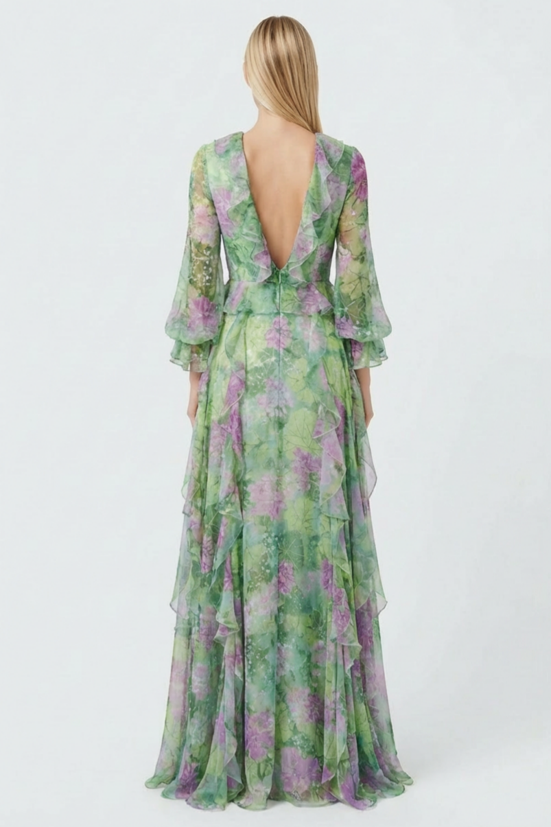 Floral V-Neck Ruffle Maxi Dress