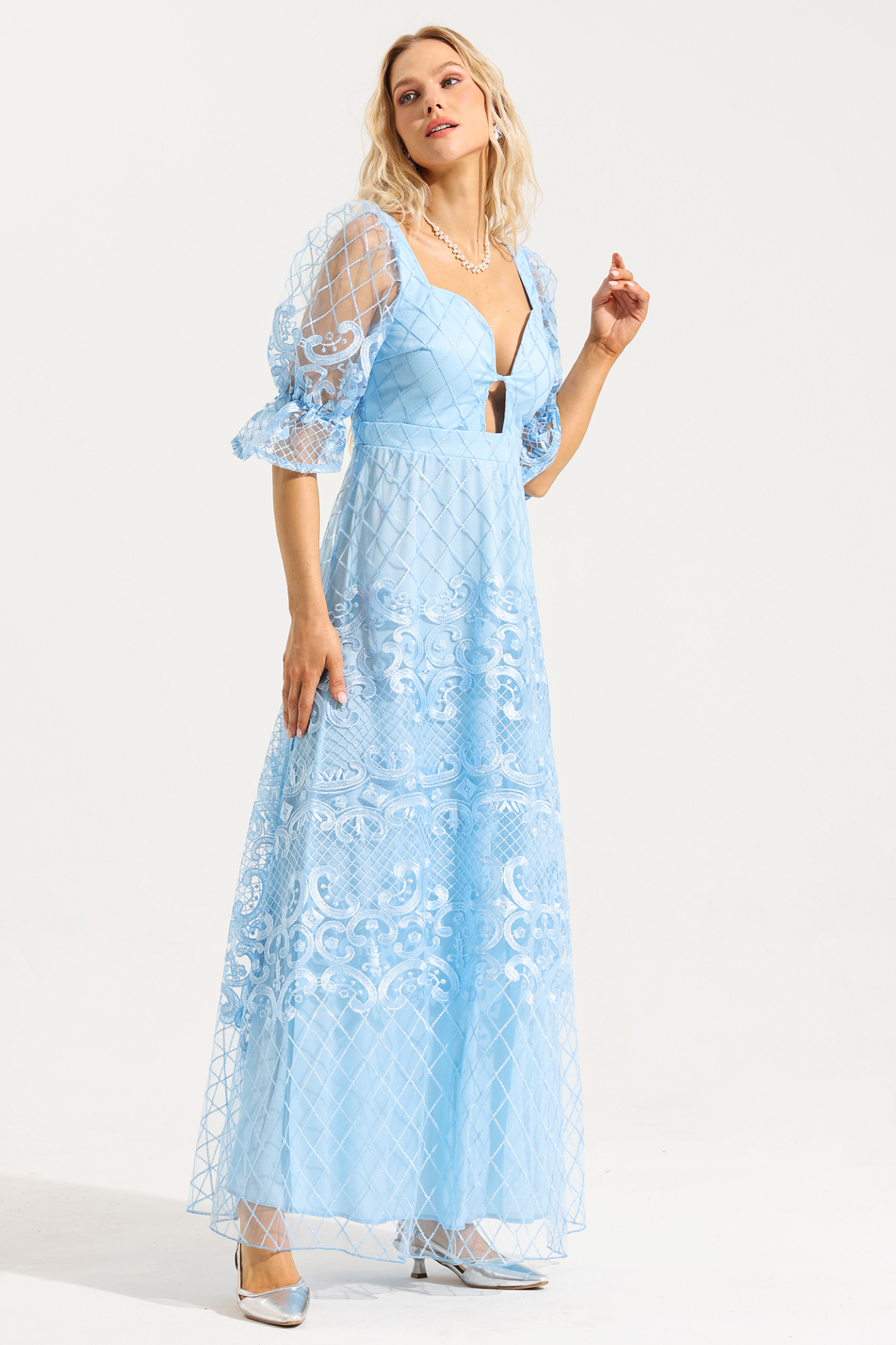 Lace Sweetheart Neck Puff Sleeve Bodycon Maxi Dress