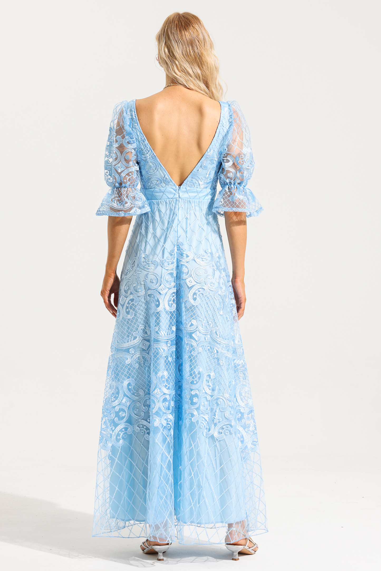Lace Sweetheart Neck Puff Sleeve Bodycon Maxi Dress