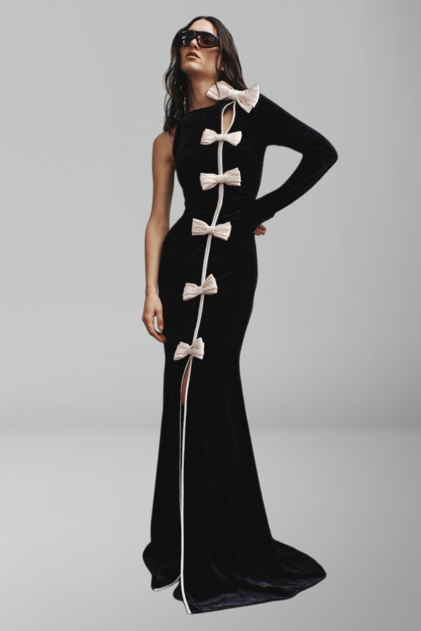 Velvet Splicing Satin Bow One-Shoulder Maxi Dress
