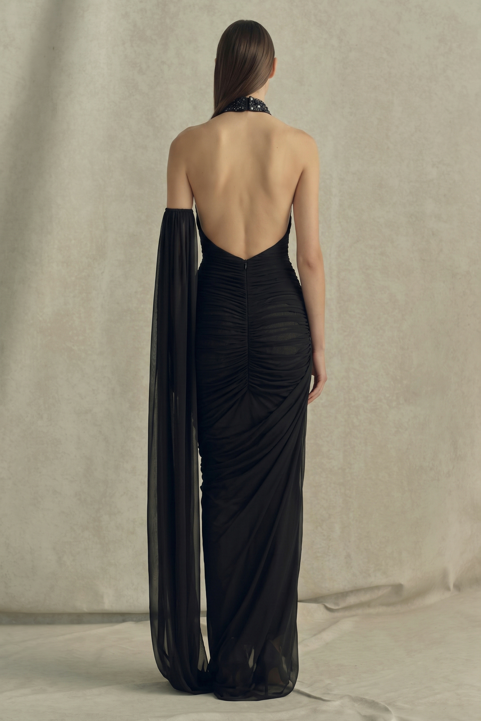 Halter Neck Rhinestone Feather Maxi Dress
