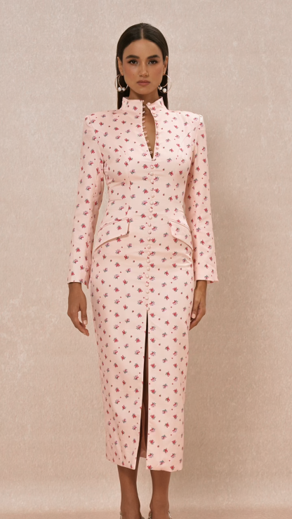 Floral Print Button Decorations Long Sleeve Midi Dress