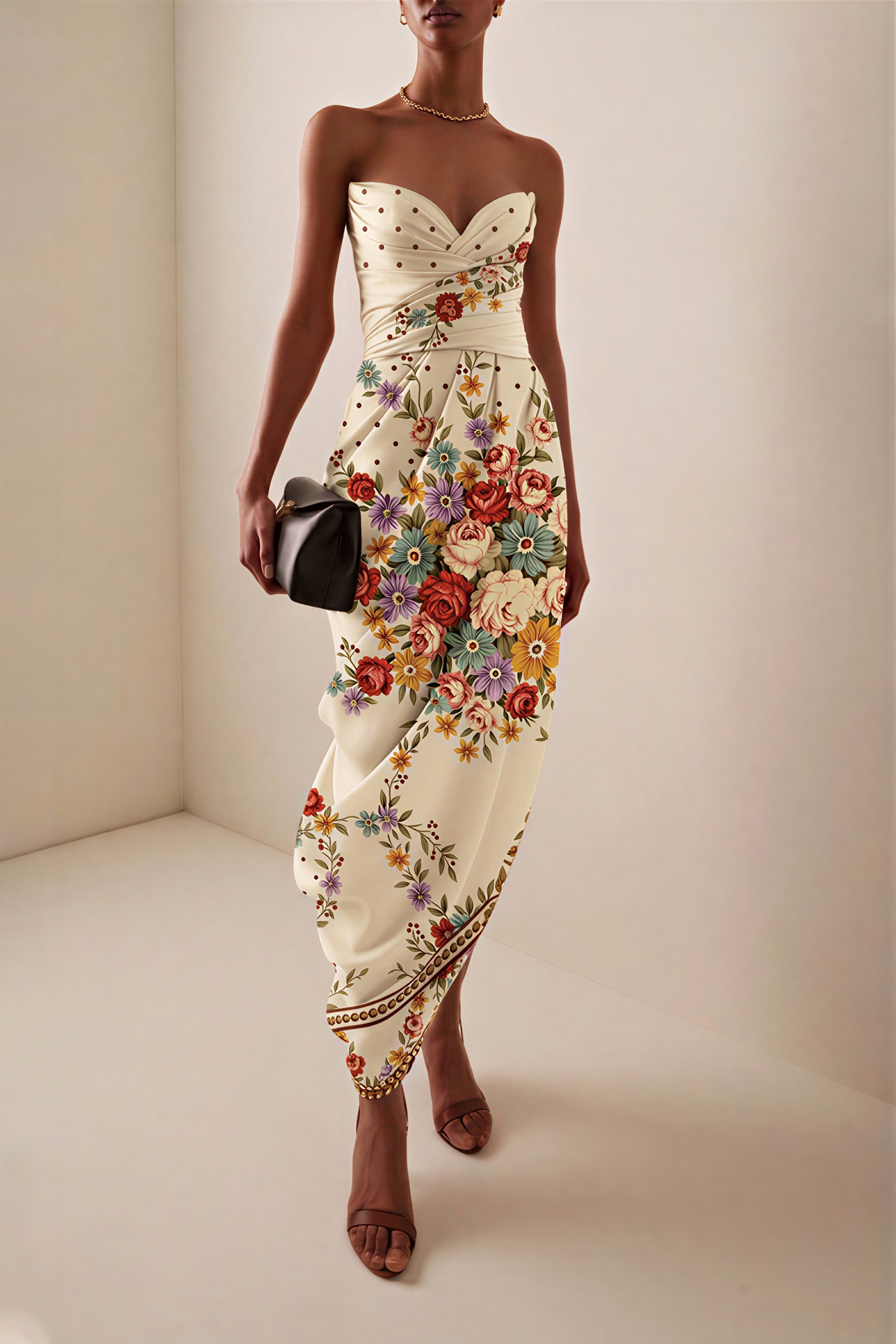 Satin Floral  Pleated Midi Dress