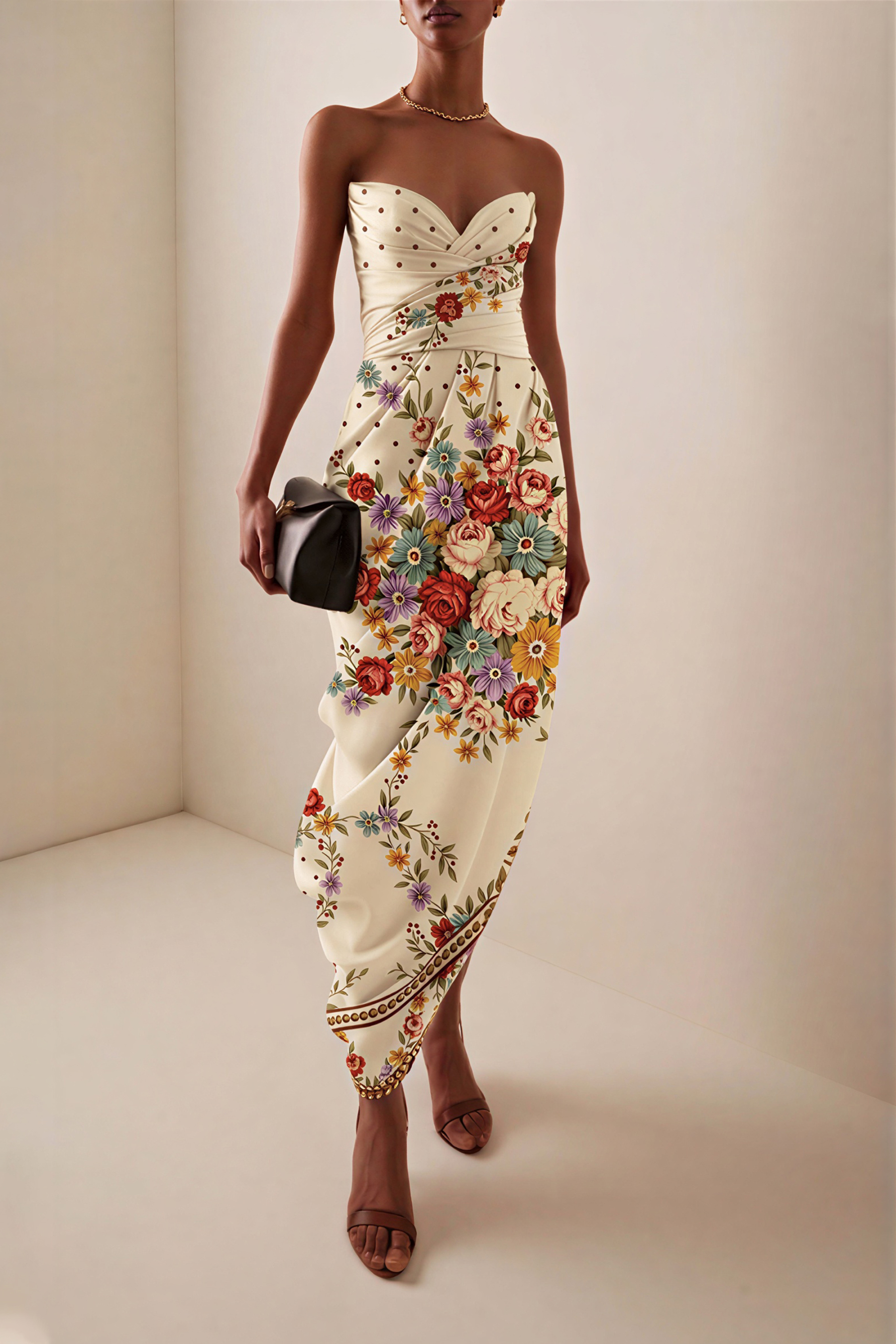 Satin Floral Pleated Midi Dress