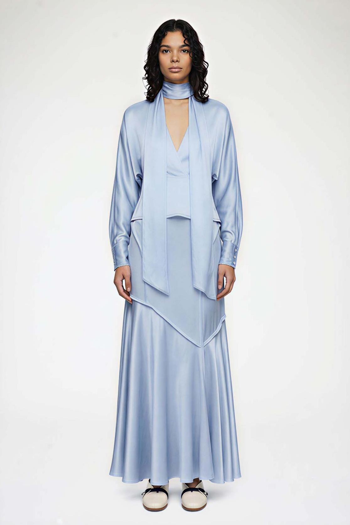 V-Neck Top With Scarf & High Waist Midi Skirt Set