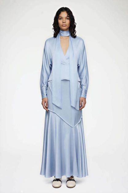 V-Neck Top With Scarf & High Waist Midi Skirt Set