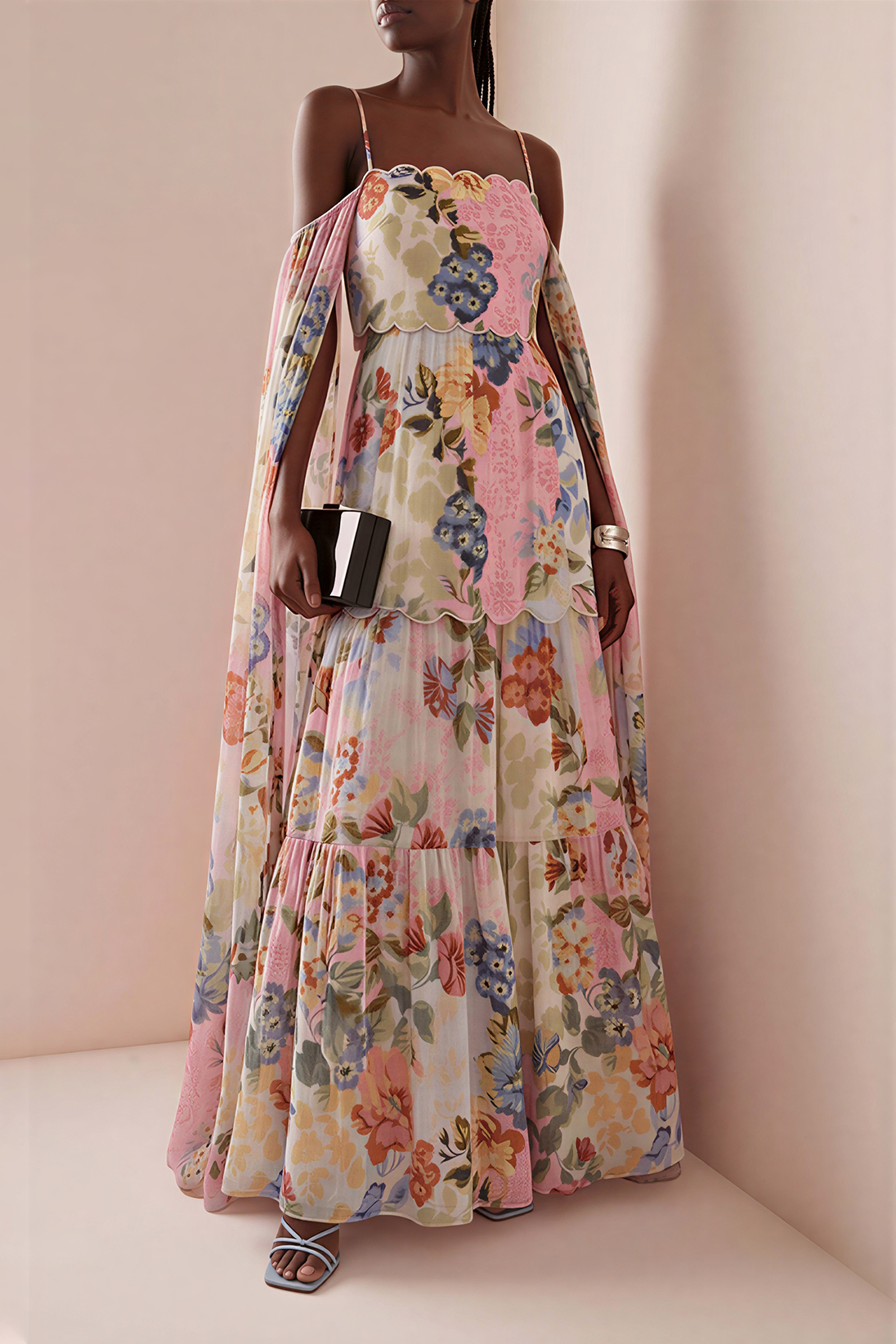Embroidered Floral Cape Sleeve Maxi Dress