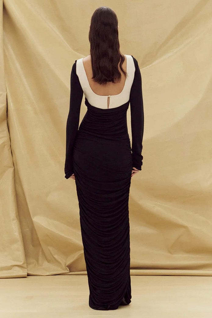 Long Sleeve Square Collar Ruched Hem Knit Maxi Dress Black
