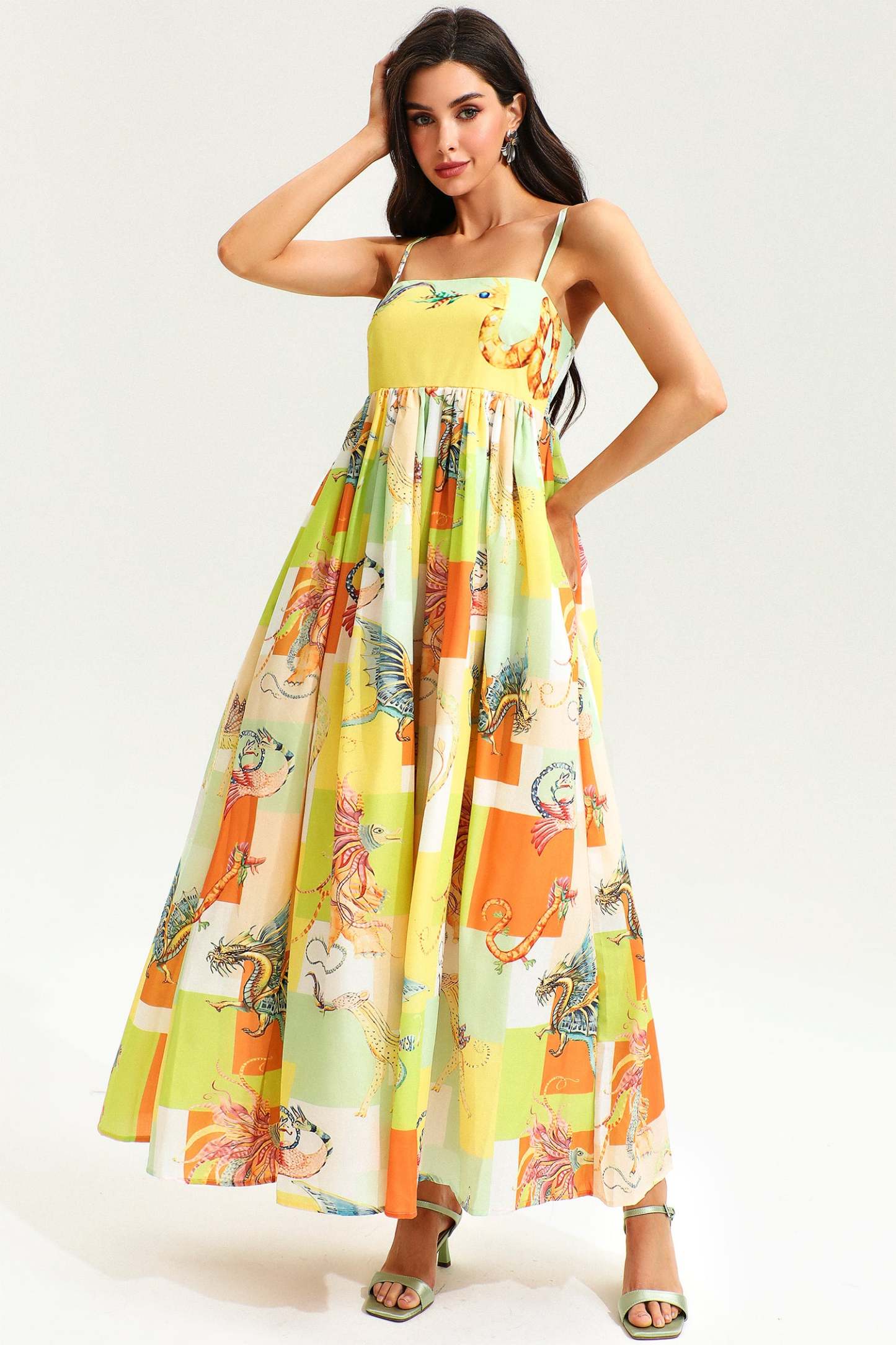 Animal Print Color-Blocking Backless Slim High-Waisted Maxi Dress