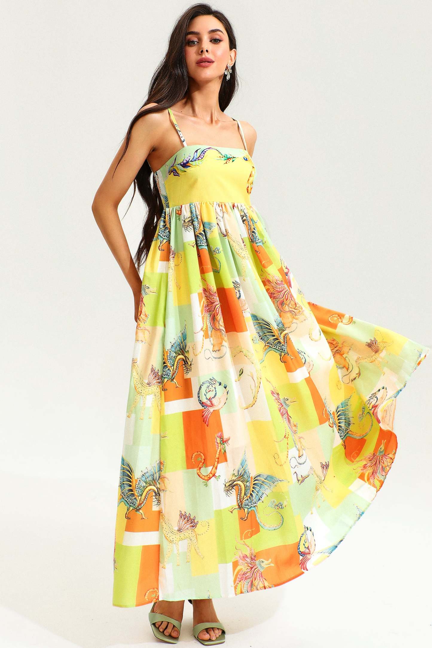 Animal Print Color-Blocking Backless Slim High-Waisted Maxi Dress