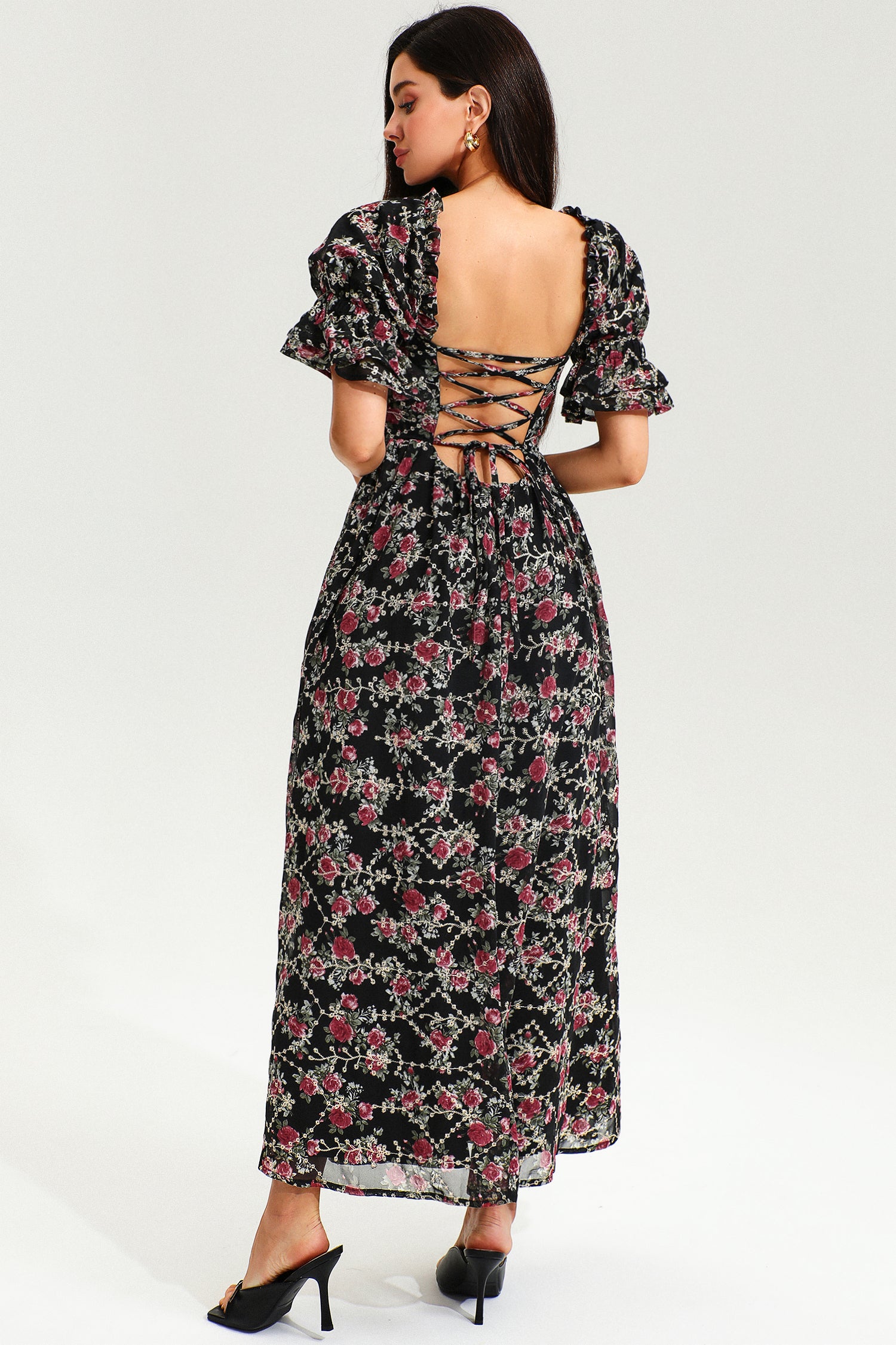 Floral Puff Sleeve Corset Backless Lace Up Slit Midi Dress Black