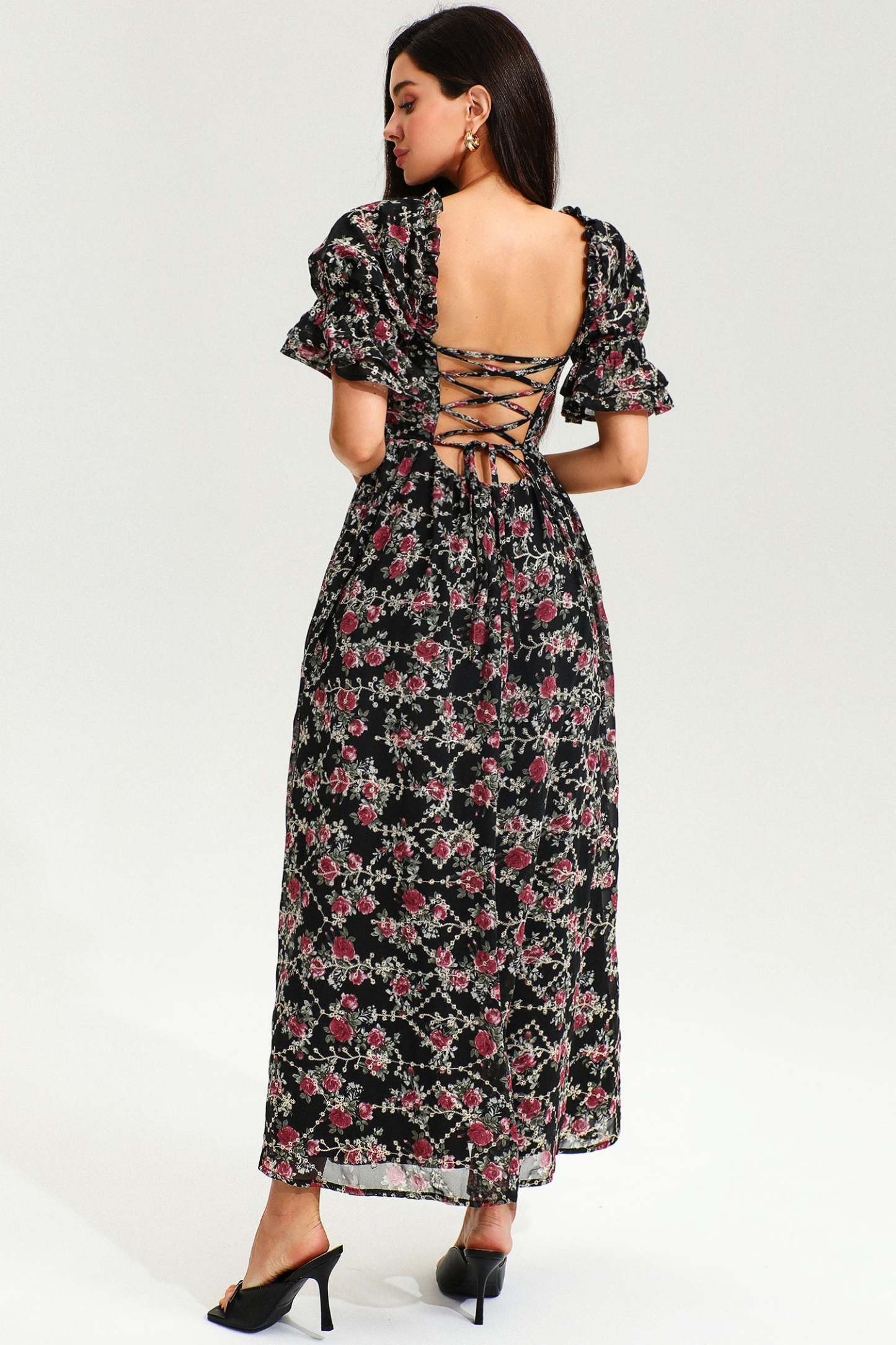 Floral Puff Sleeve Corset Backless Lace Up Slit Midi Dress Black