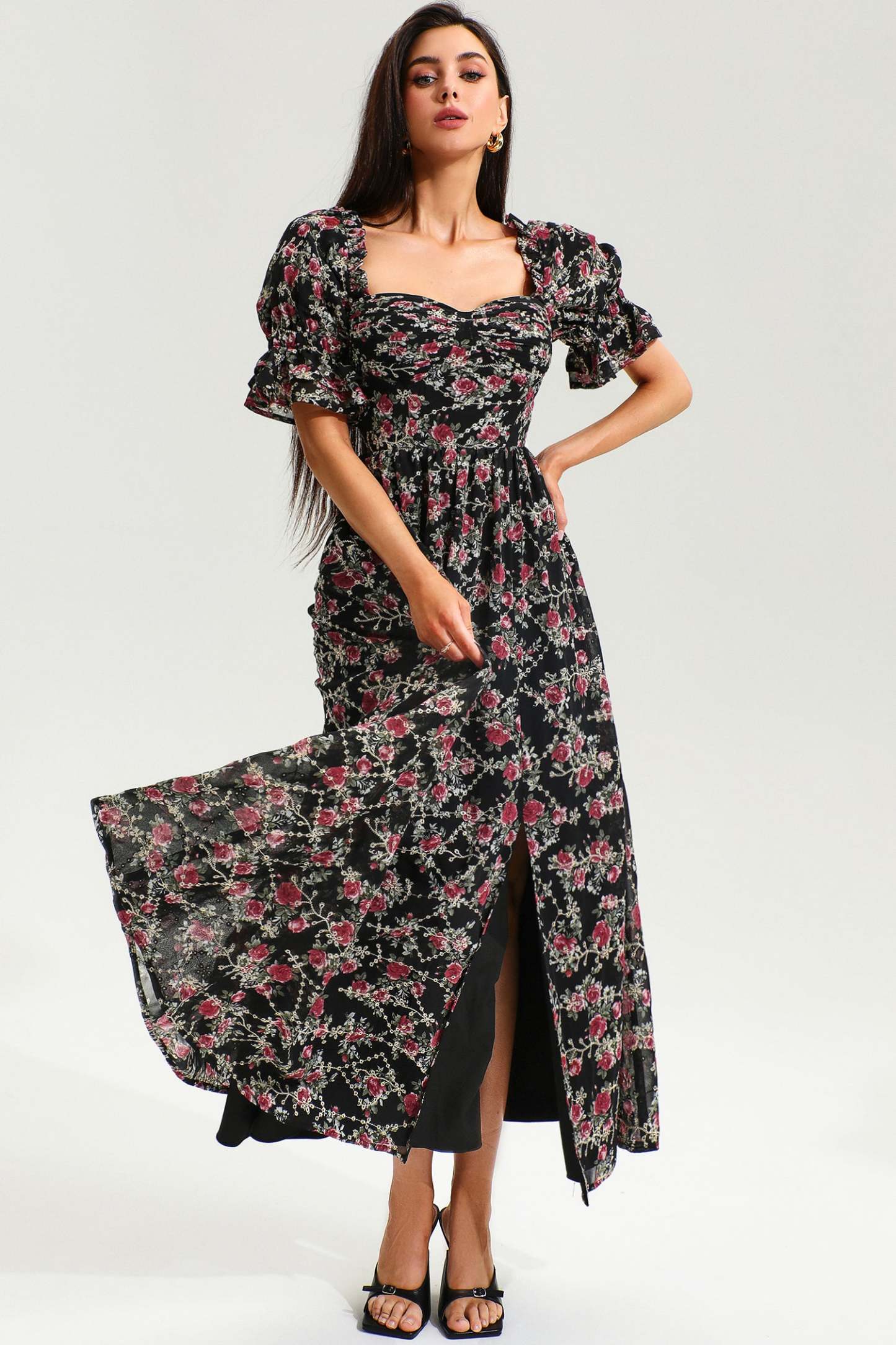 Floral Puff Sleeve Corset Backless Lace Up Slit Midi Dress Black