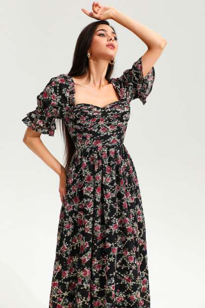 Floral Puff Sleeve Corset Backless Lace Up Slit Midi Dress Black