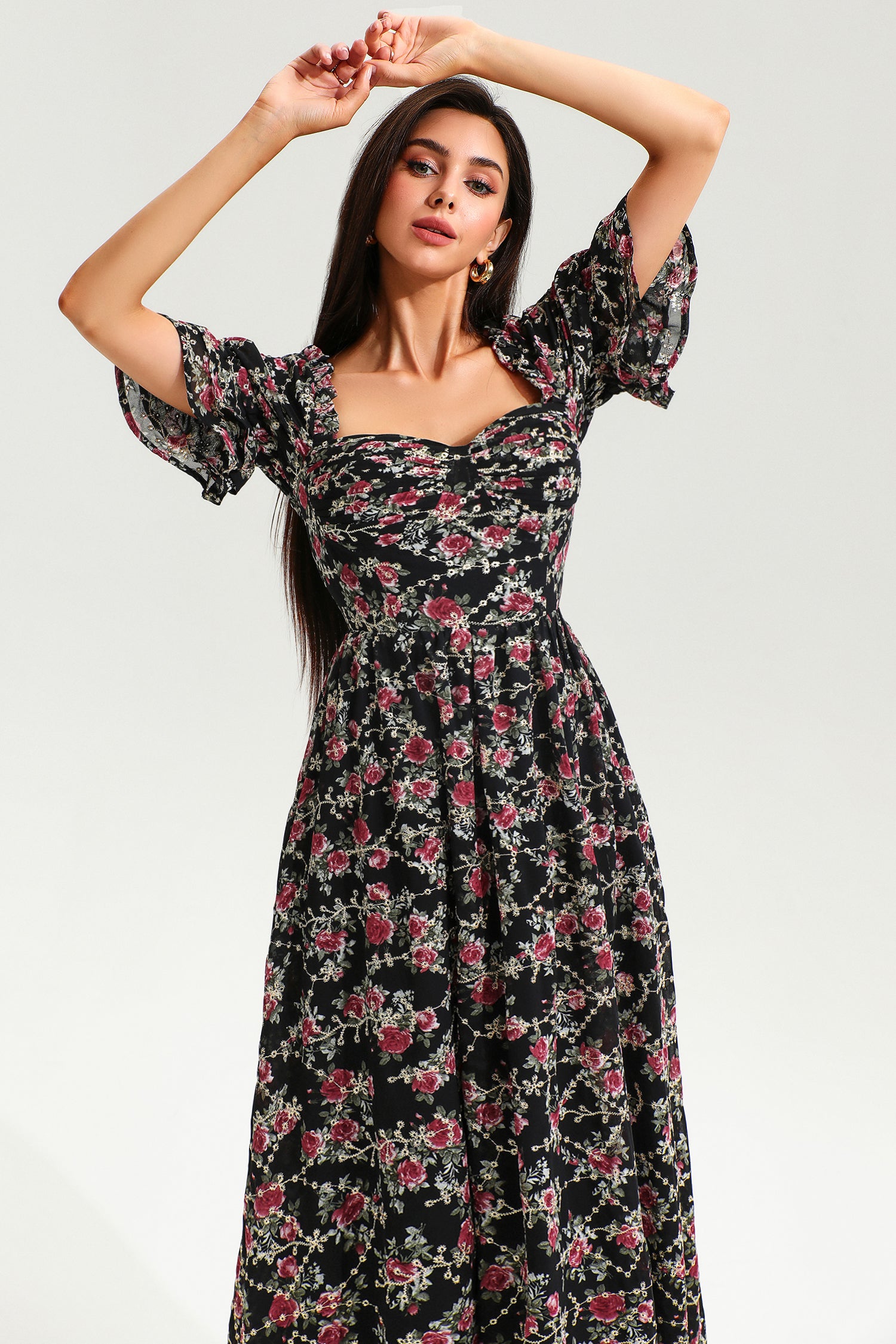 Floral Puff Sleeve Corset Backless Lace Up Slit Midi Dress Black