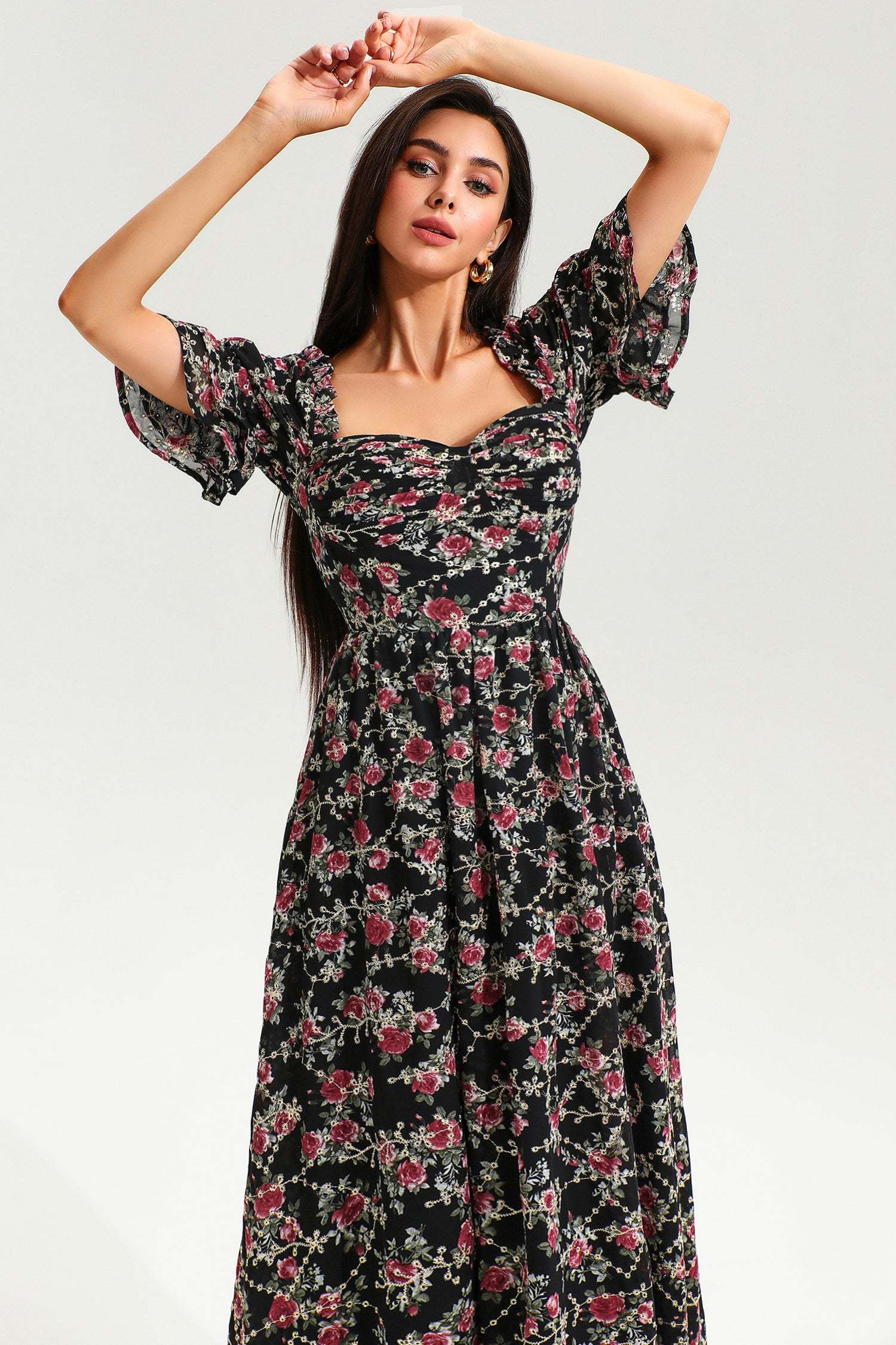 Floral Puff Sleeve Corset Backless Lace Up Slit Midi Dress Black