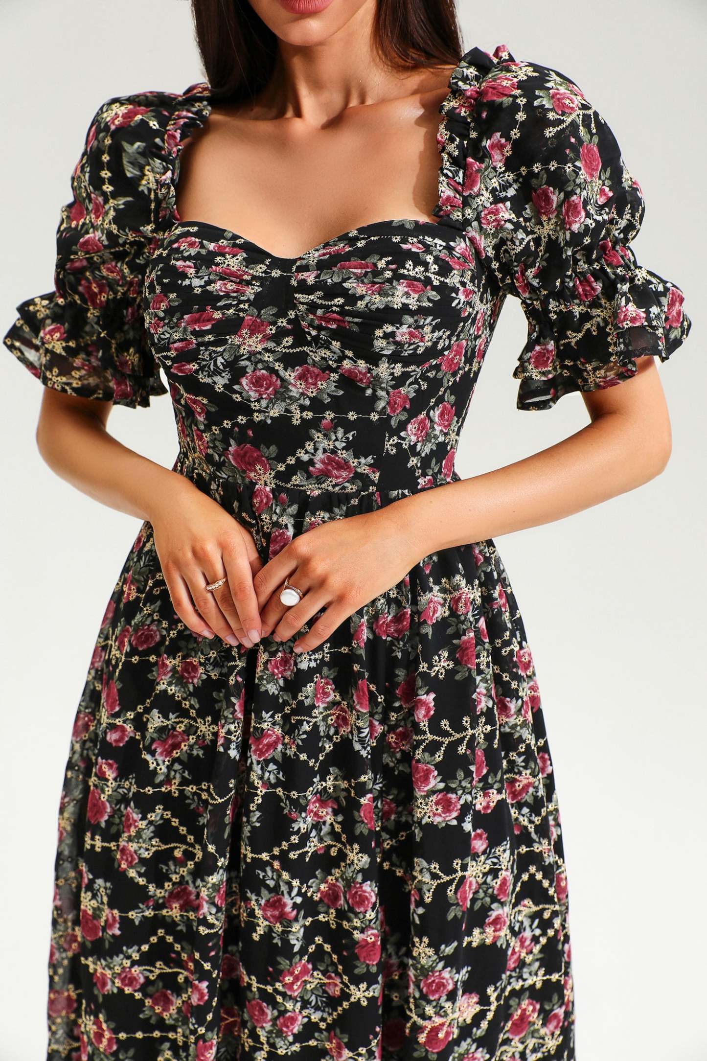 Floral Puff Sleeve Corset Backless Lace Up Slit Midi Dress Black
