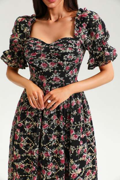 Floral Puff Sleeve Corset Backless Lace Up Slit Midi Dress Black