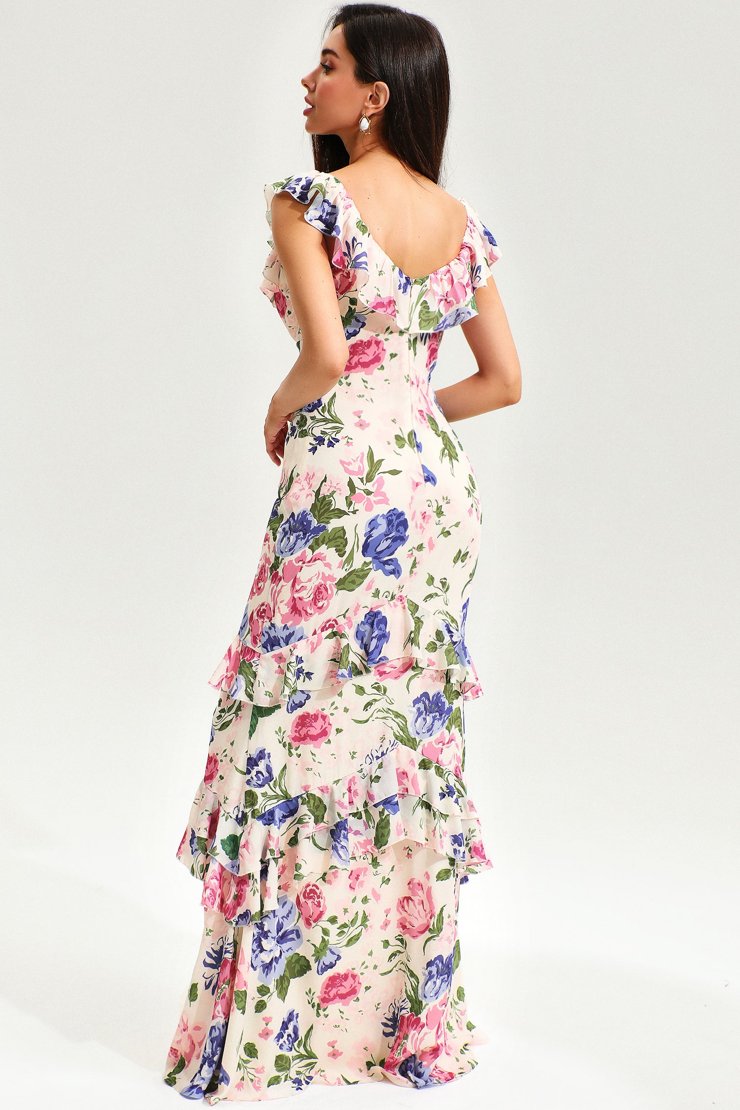 Floral Tiered Ruffle Hem Fishtail Maxi Dress – JardinVue