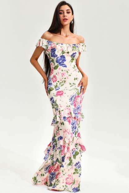 Floral Tiered Ruffle Hem Fishtail Maxi Dress – JardinVue