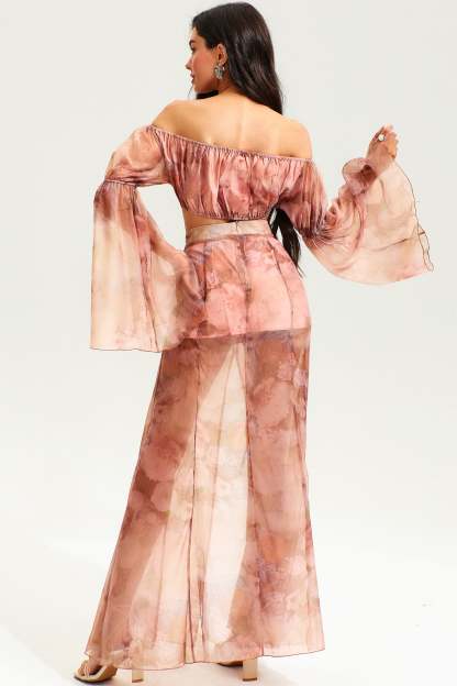 Floral Flared Sleeve Ruched Top & Slit Maxi Skirt Set