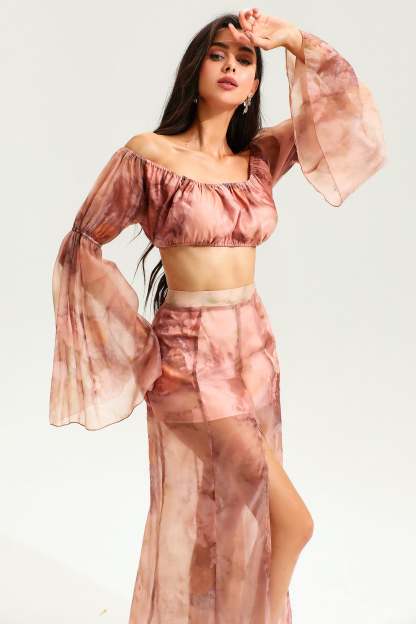 Floral Flared Sleeve Ruched Top & Slit Maxi Skirt Set