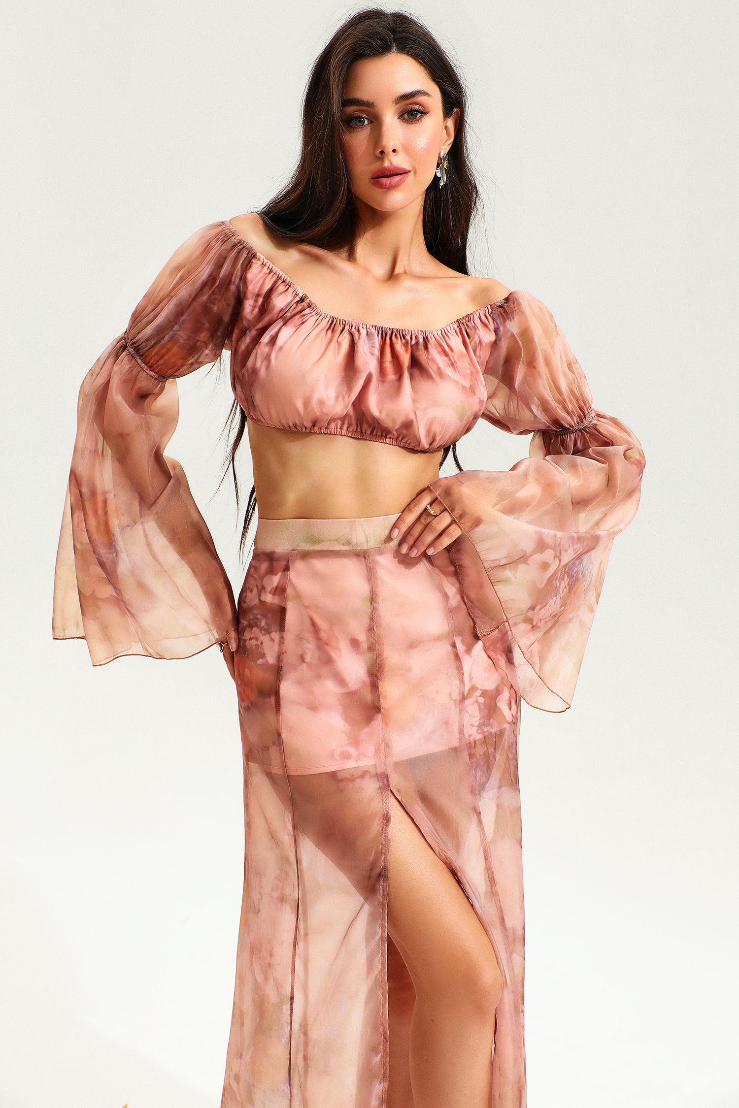 Floral Flared Sleeve Ruched Top & Slit Maxi Skirt Set